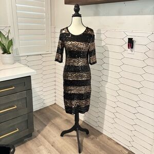 BCBGMaxAzria Black and Gold Sequin Midi Dress